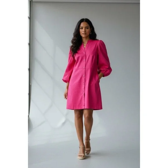 ALDEN ADAIR Hot Pink Button Front Puff Sleeve Mini Dress Size L - Picture 1 of 13